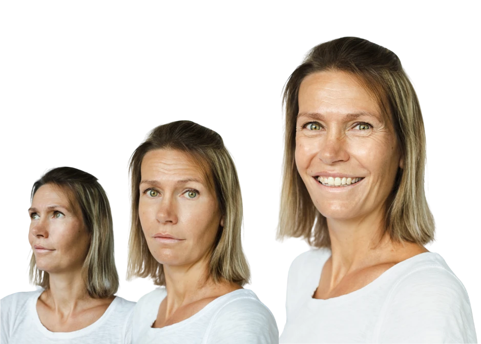 Drie portretten van Ilona Verkerk: van weggekeken en klein naar lachend en groot.